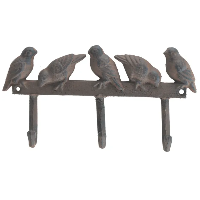Cast Iron 3 Hook Wall Rack Birds On Fence - 10" Wide