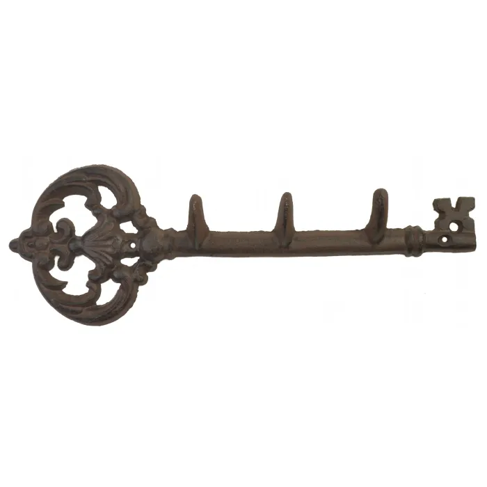 Cast Iron Wall Hook Rack - Antique Skeleton Key Style - 3 Hooks - 11.5" Long