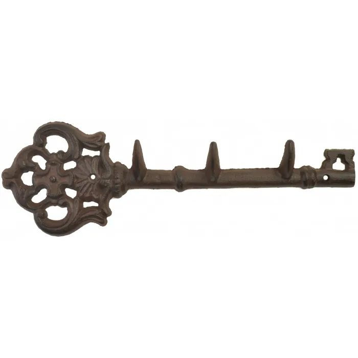 Cast Iron Wall Hook Rack - Antique Skeleton Key Style - 3 Hooks - 11.625" Long