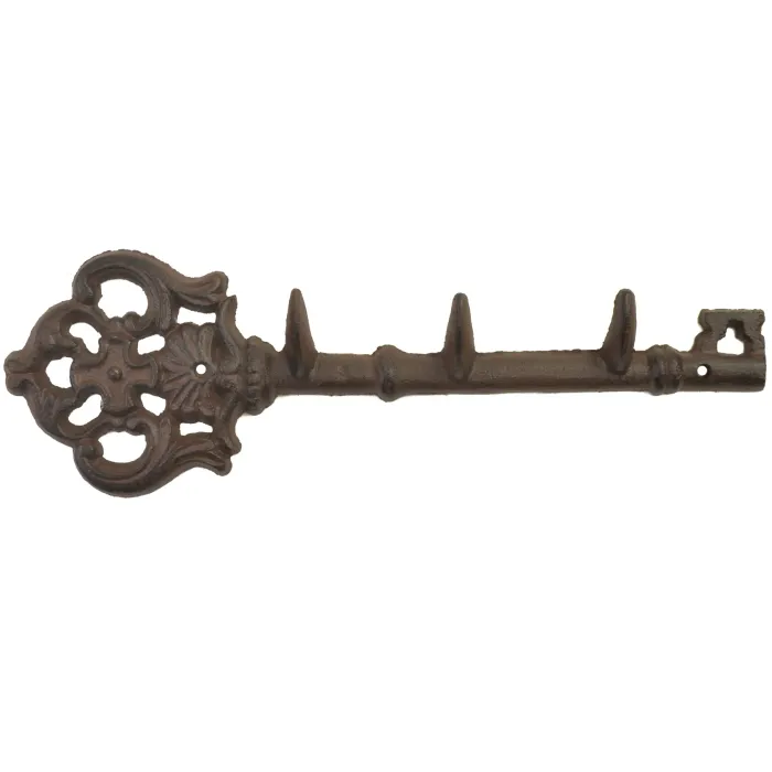 Cast Iron Wall Hook Rack - Antique Skeleton Key Style - 3 Hooks - 11.625" Long