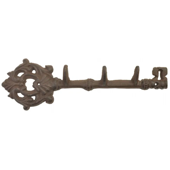 Cast Iron Wall Hook Rack - Antique Skeleton Key Style - 3 Hooks - 12" Long