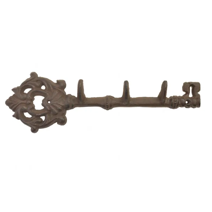 Cast Iron Wall Hook Rack - Antique Skeleton Key Style - 3 Hooks - 12" Long
