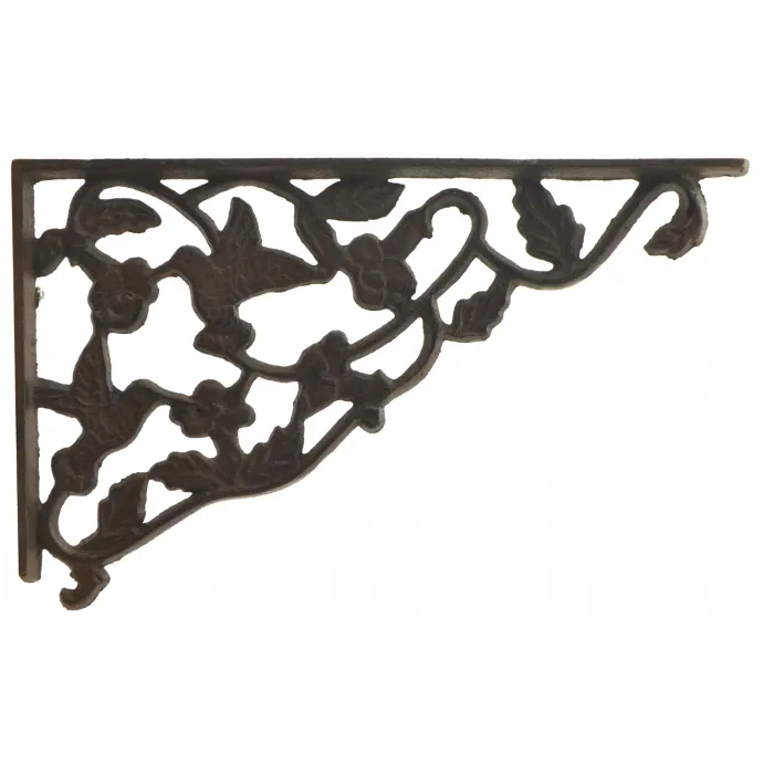 Decorative Cast Iron Wall Shelf Bracket - Hummingbird & Vine Pattern - 11.75" Deep