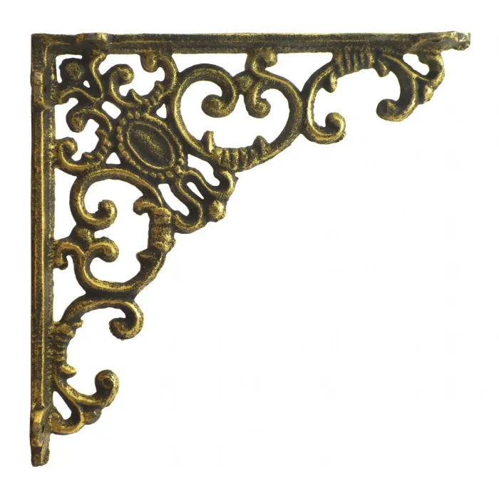 Decorative Wall Shelf Bracket - Ornate Curls - Gold Cast Iron - 7.75" Deep
