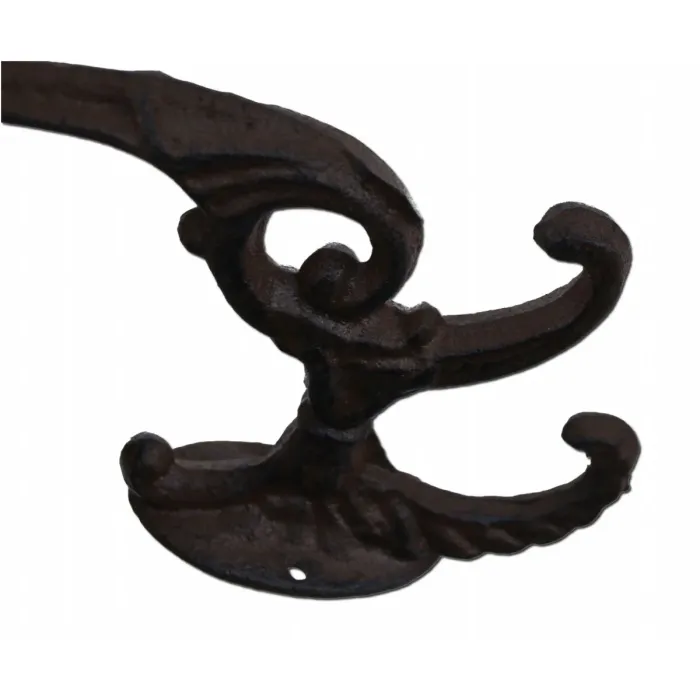 Decorative Victorian Ornate Triple Wall Hook - Rust Brown Cast Iron - 7" Tall