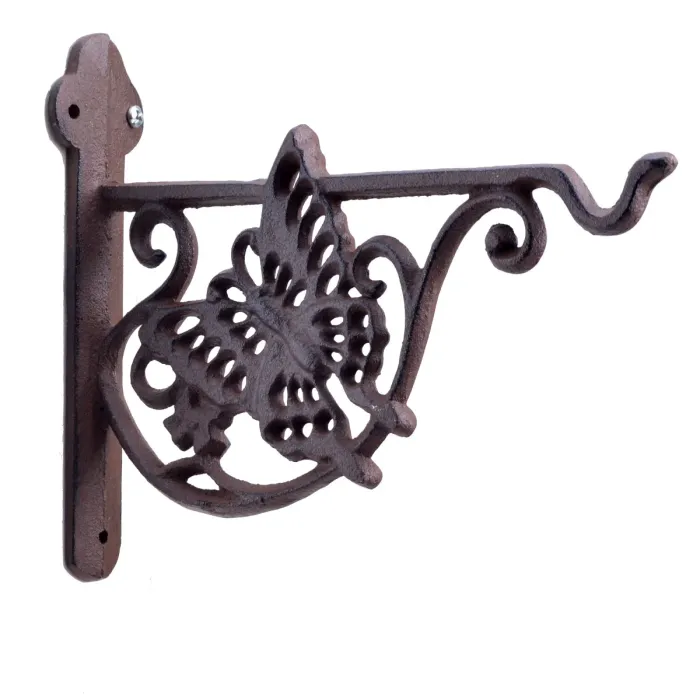 Decorative Cast Iron Plant Hanger Flower Basket Hook Cutout Butterfly 7.75" Deep
