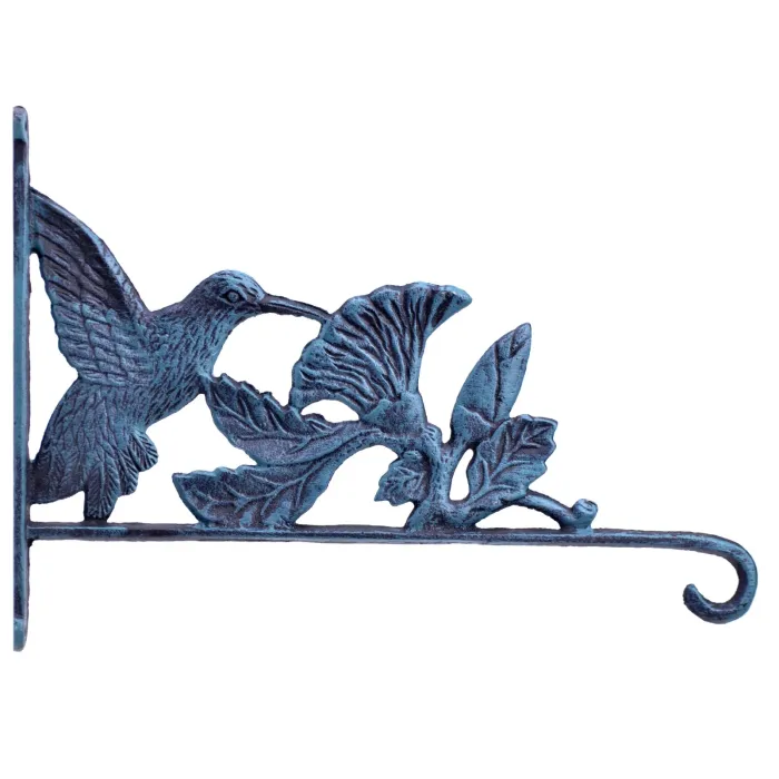 Hummingbird & Flowers Plant Hanger Hook Verdigris Cast Iron 12.5" Deep