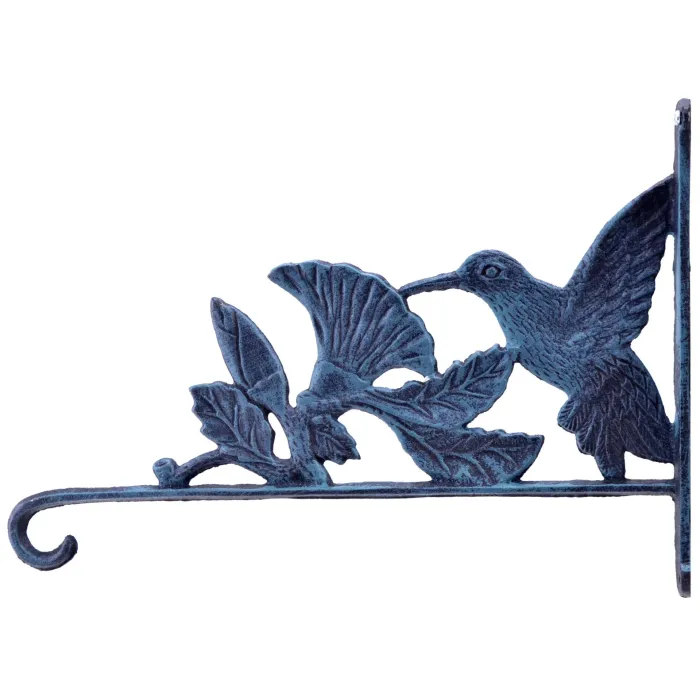 Hummingbird & Flowers Plant Hanger Hook Verdigris Cast Iron 12.5" Deep