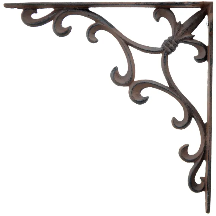 Cast Iron Wall Shelf Bracket - Ornate Fleur De Lis - Rust Brown - 10" Deep