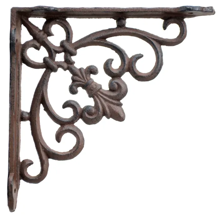 Cast Iron Wall Shelf Bracket - Swirl Fleur De Lis - Rust Brown - 7.5" Deep