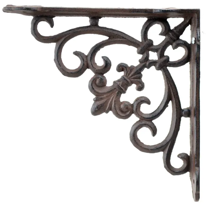 Cast Iron Wall Shelf Bracket - Swirl Fleur De Lis - Rust Brown - 7.5" Deep