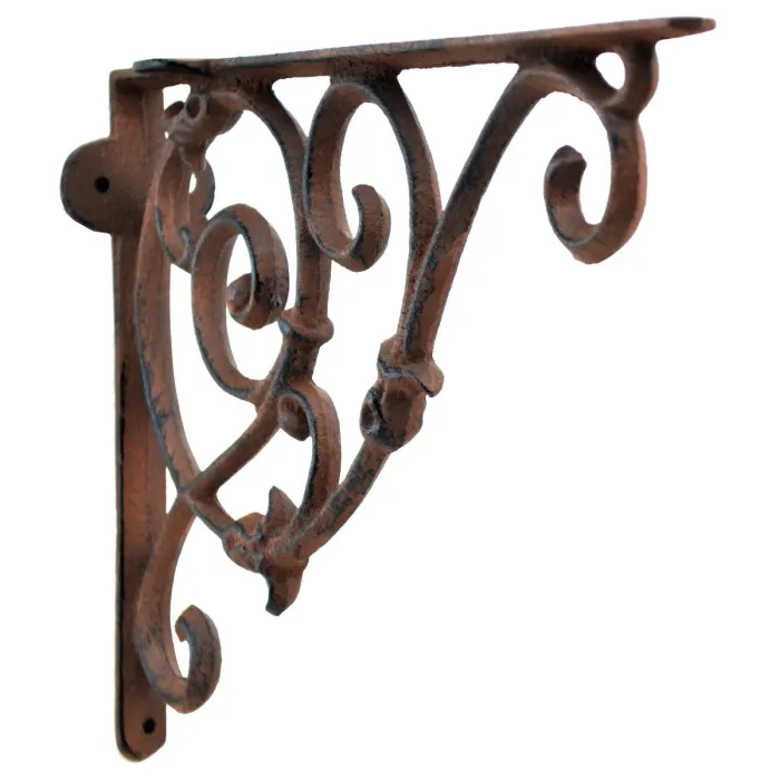 Decorative Cast Iron Wall Shelf Bracket - Ornate Curly Floral Vine - Rust Brown - 10.75" Deep