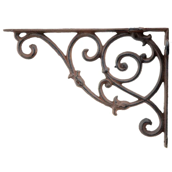 Decorative Cast Iron Wall Shelf Bracket - Ornate Curly Floral Vine - Rust Brown - 10.75" Deep