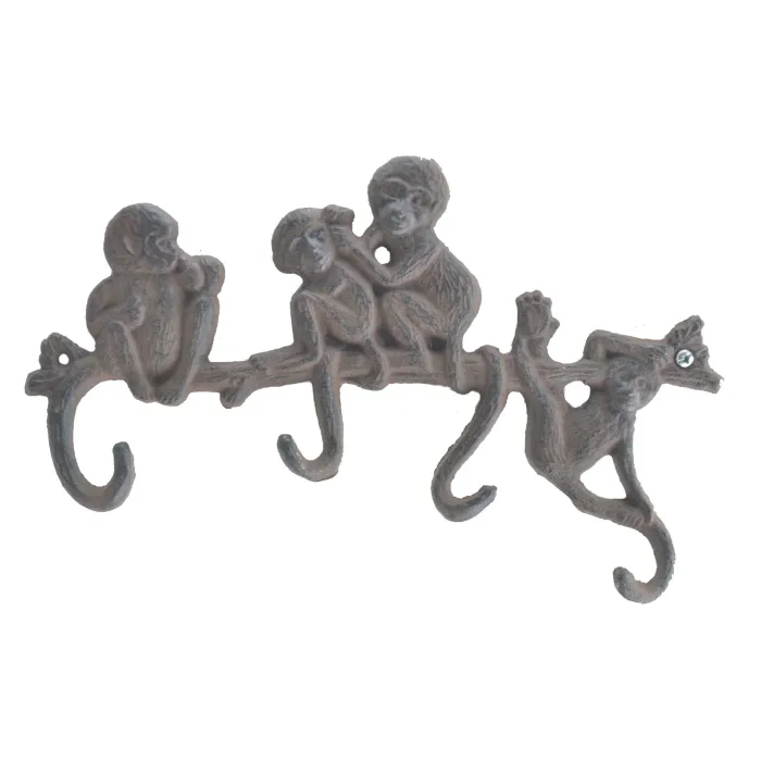 Cast Iron 4 Hook Wall Rack Monkeys On Branch - 10.25" Wide