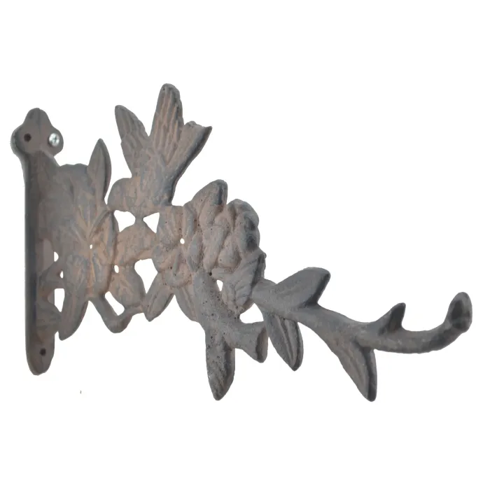 Decorative Hummingbirds & Flowers Cast Iron Plant Hanger Hook - 11.625" Deep