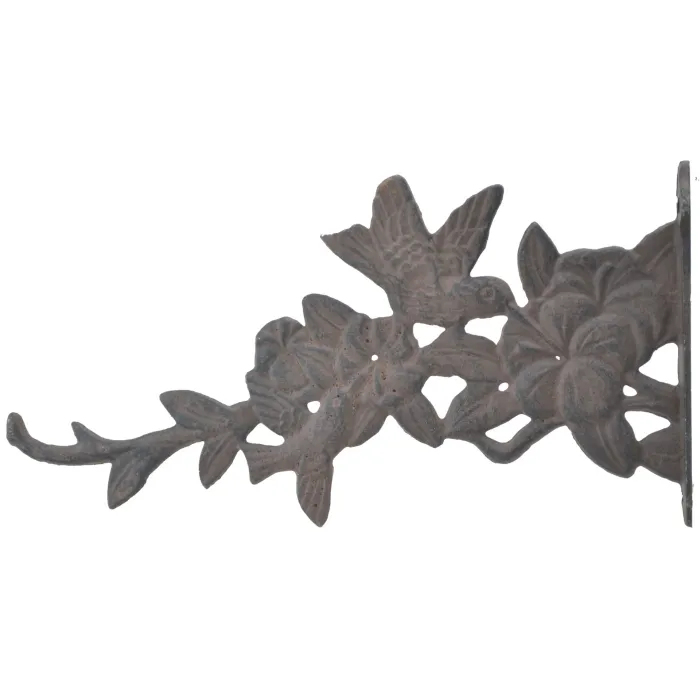 Decorative Hummingbirds & Flowers Cast Iron Plant Hanger Hook - 11.625" Deep