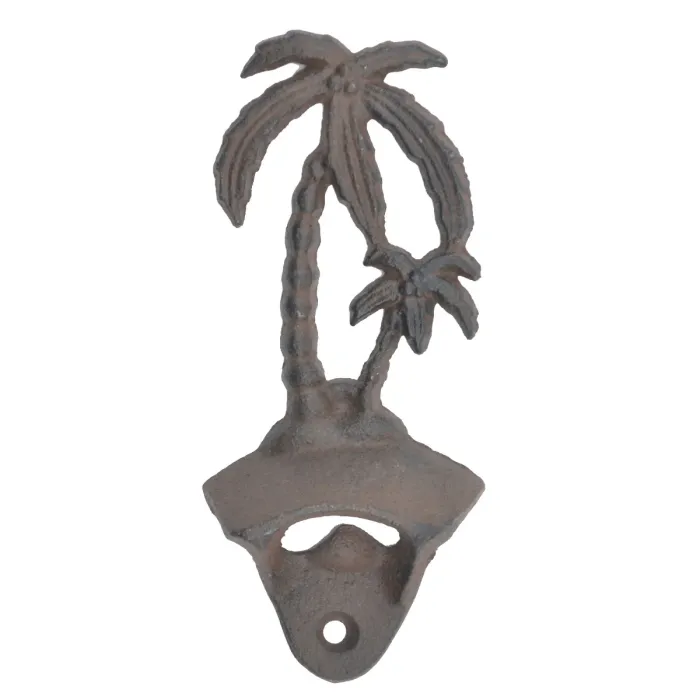Wall Mount Bottle Opener Palm Trees Distressed Brown Cast Iron 6" Tall