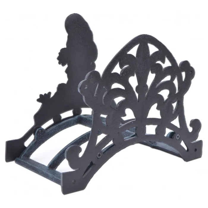 Garden Hose Holder - Gnome Holding Wheat - Verdigris Cast Iron - 10.25" Wide