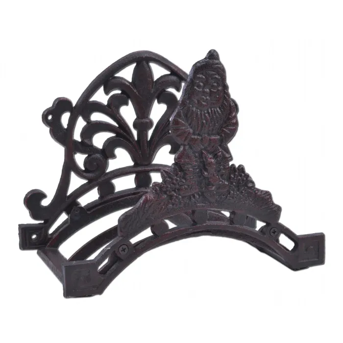 Garden Hose Holder - Gnome With Bunny - Distressed Red Cast Iron - 10.25" Wide