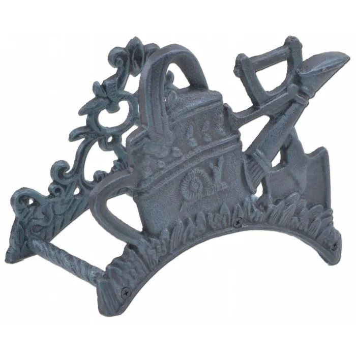 Garden Hose Holder - Snail Watering Can & Shovel - Verdigris Cast Iron - 9" Wide