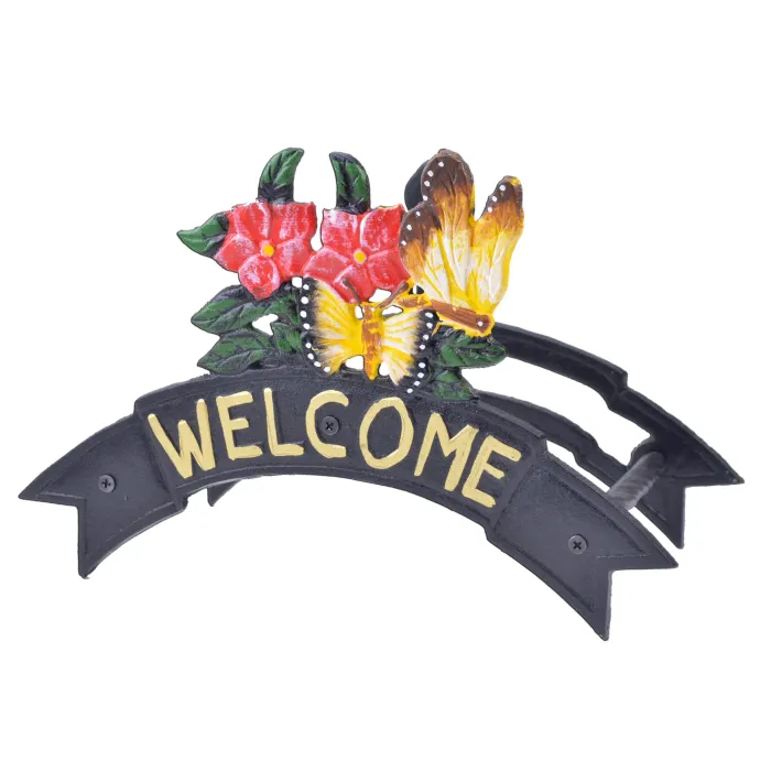 Welcome Garden Hose Holder Butterflies & Flowers Black Cast Iron 12.38" W