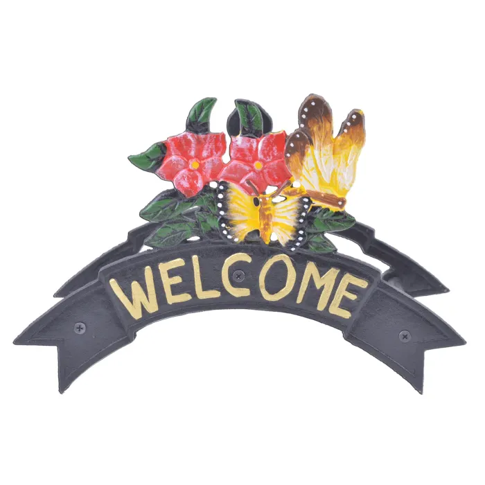Welcome Garden Hose Holder Butterflies & Flowers Black Cast Iron 12.38" W
