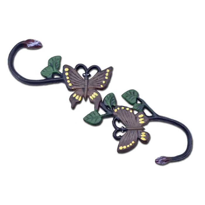 Cast Iron S Style Plant Hook Brown & Yellow Butterflies 11.75" Long