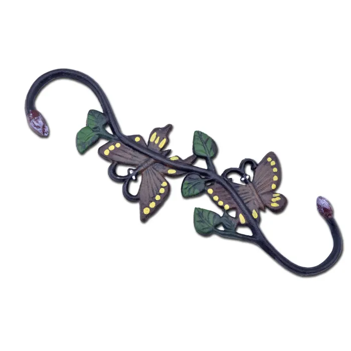 Cast Iron S Style Plant Hook Brown & Yellow Butterflies 11.75" Long