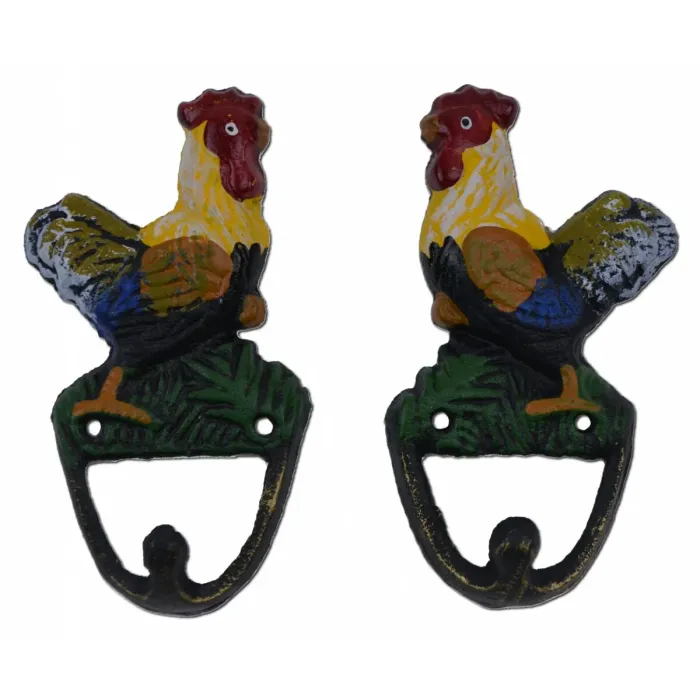 Rooster & Chickens Wall Hook 3 Piece Set - Colorful Painted Cast Iron