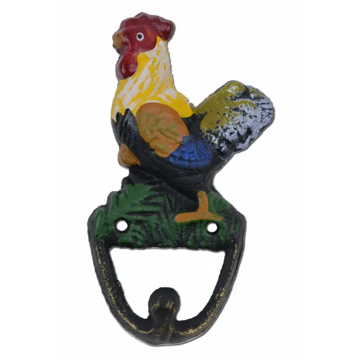Rooster & Chickens Wall Hook 3 Piece Set - Colorful Painted Cast Iron