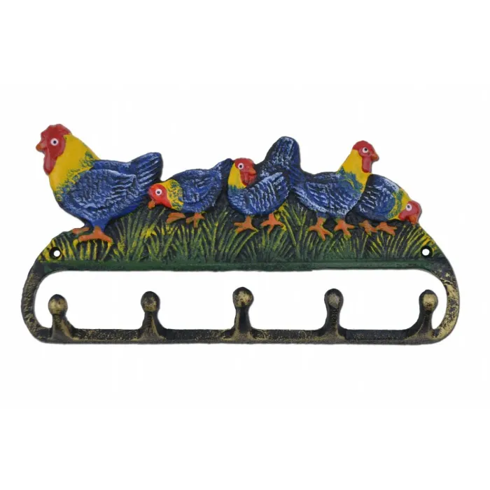 Rooster & Chickens Wall Hook 3 Piece Set - Colorful Painted Cast Iron