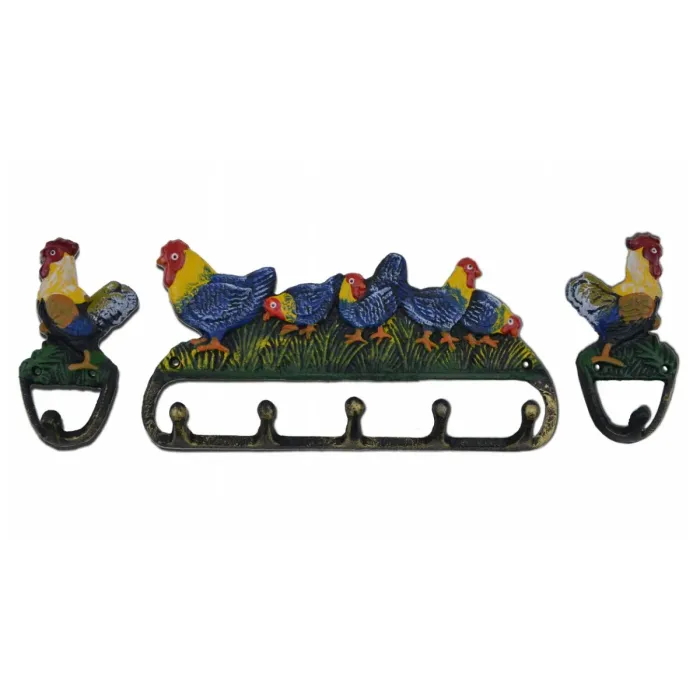 Rooster & Chickens Wall Hook 3 Piece Set - Colorful Painted Cast Iron