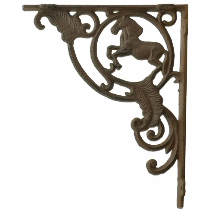 Wall Shelf Bracket Horse Pattern - Rust Brown Cast Iron - 8" Deep