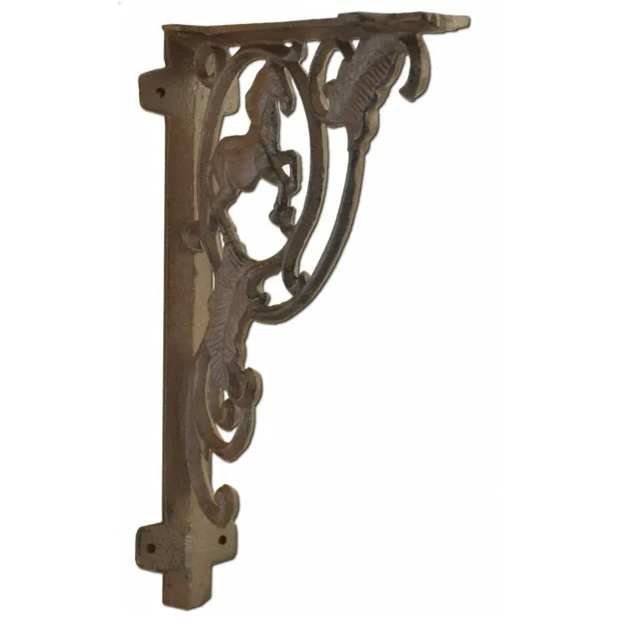Wall Shelf Bracket Horse Pattern - Rust Brown Cast Iron - 8" Deep