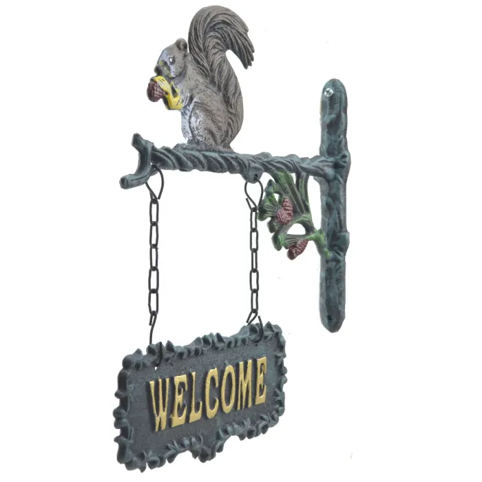 Double Sided Hanging Welcome Sign Squirrel Eating A Nut 9" Wide
