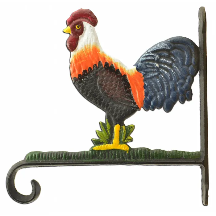 Decorative Rooster Plant Hanger Hook Colorful Cast Iron Large 10.125" Deep