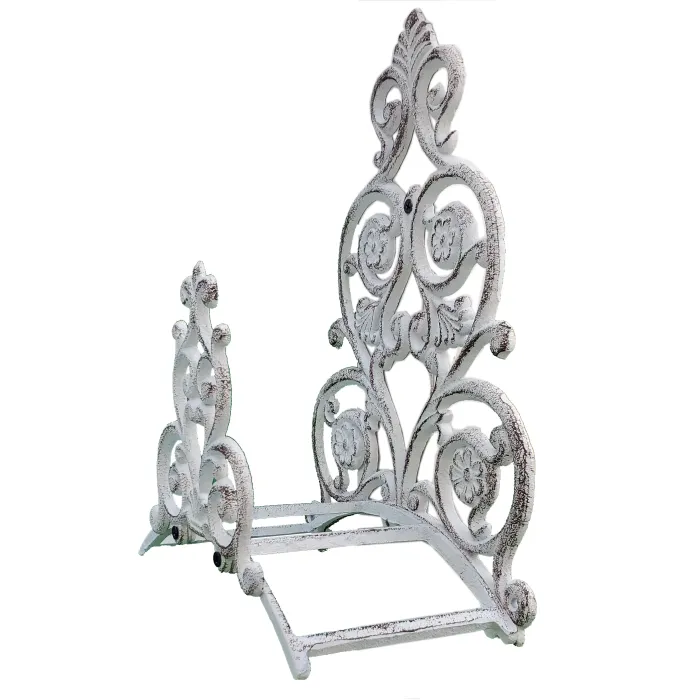 Cast Iron Garden Hose Holder Victorian Floral & Spade Pattern - Distressed White - 13.25" Tall