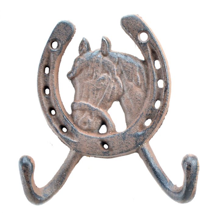 Horse Head In Horseshoe Western Double Wall Hook Rust Brown Cast Iron 5 Tall