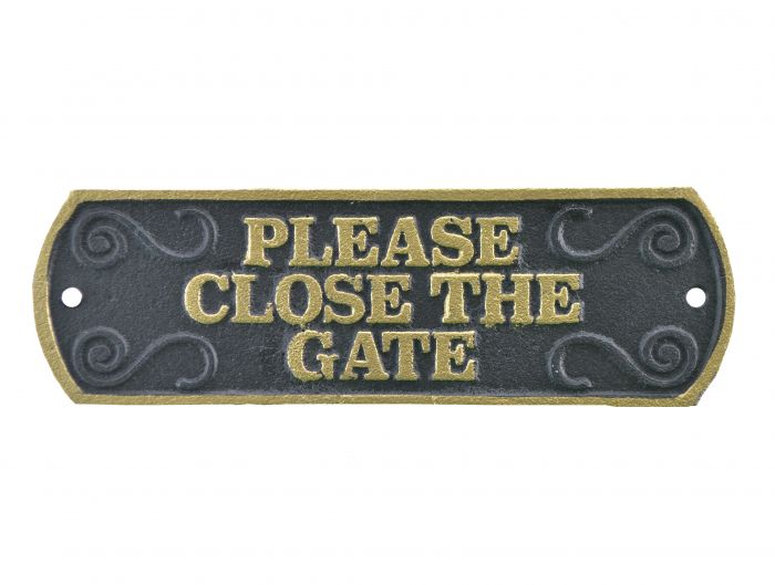 Antique Black Cast Iron Wall Garden Gate Door Sign Plaque Please Close The Gate 