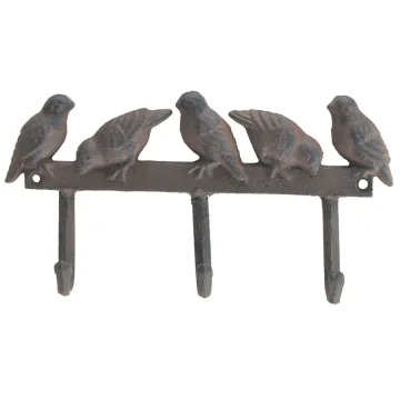 Cast Iron 3 Hook Wall Rack Birds On Fence - 10" Wide