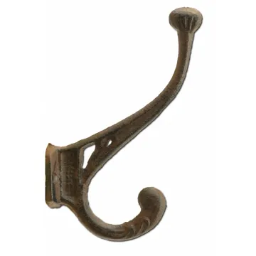 Decorative Victorian Ornate Double Wall Hook - Rust Brown Cast Iron - 6" Tall