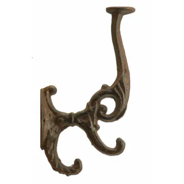 Decorative Victorian Ornate Triple Wall Hook - Rust Brown Cast Iron - 7" Tall
