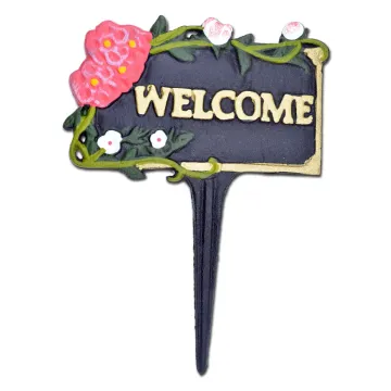 Welcome Garden Plaque Sign Pink & White Flowers Black Cast Iron 7" W