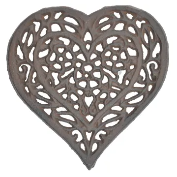 Decorative Cast Iron Trivet - Ornate Floral Heart - 6.5" Wide