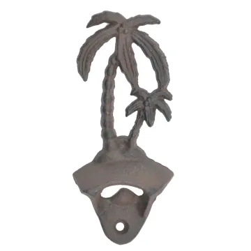 Wall Mount Bottle Opener Palm Trees Distressed Brown Cast Iron 6" Tall