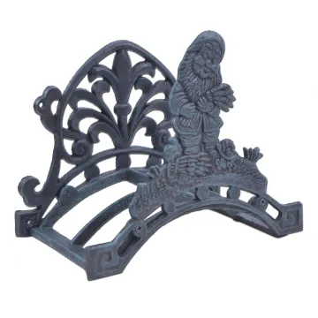 Garden Hose Holder - Gnome Holding Wheat - Verdigris Cast Iron - 10.25" Wide