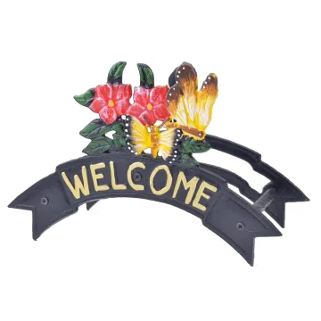Welcome Garden Hose Holder Butterflies & Flowers Black Cast Iron 12.38" W