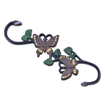 Cast Iron S Style Plant Hook Brown & Yellow Butterflies 11.75" Long