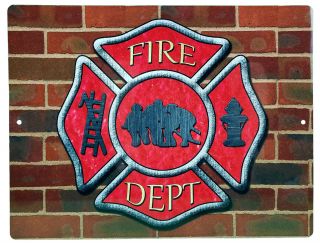 Aluminum Sign Firemans Cross Brick Firefighting Plaque - 12" x 9"