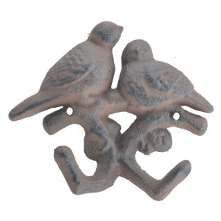 Love Birds On Branch Double Wall Hook - Rust Brown Cast Iron - 4.375" Tall
